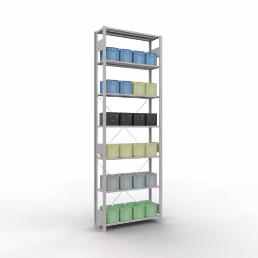 Image du produit n° 16 de l'article étagère de base, étagère, système enfichable MULTIplus85, 3000 x 1000 x 300 mm (HxLxP), 7 étagères, traverse, RAL 7035 gris clair Figure n° 16 de l'article étagère de base, système d'étagères enfichables MULTIplus85, 3000 x 1000 x 300 mm, 7 étagères, traverse, gris clair RAL 7035 du groupe de produits système enfichable de la marque Schulte Lagertechnik