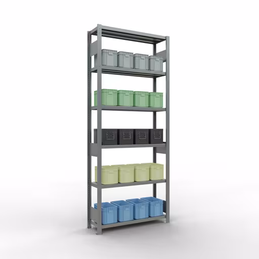 Scaffale base, scaffale, sistema a innesto MULTIplus250, 2500 x 1000 x 300 mm (AxLxP), 6 ripiani, barre longitudinali, zincato della categoria scaffale base con GTIN 4004514282071 Scaffale base, scaffale, sistema a innesto MULTIplus250, 2500 x 1000 x 300 mm (AxLxP), 6 ripiani, barre longitudinali, zincato della marca Schulte Lagertechnik della gamma dei sistemi a innesto