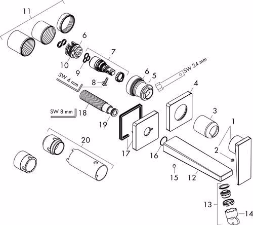 Technische Zeichnung 4061963 Hansgrohe Mitigeur monocommandé pour lavabo METROPOL diamètre nominal 15 bec encastré 225 mm chromé