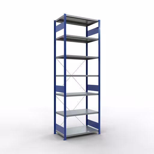 Ripiano base, ripiano, sistema a innesto MULTIplus330, 3000 x 1000 x 600 mm (AxLxP), 7 ripiani, traversa, RAL 5010 blu genziana/zincato, ripiano base, articolo n. 13962-B
