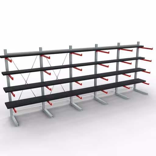 Autre vue de l'article Etagère complète K 6000, unilatérale, 3000 x 7500 x 1000 mm, RAL 7001 / RAL 3000, 5 niveaux de stockage de la catégorie rayonnages cantilever