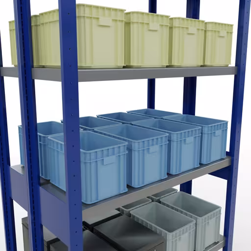 Étagère de base, étagère double, système d'étagères MULTIplus250, 2500 x 1000 x (2x300) mm (HxLxP), 2x6 étagères, traverse, RAL 5010 bleu gentiane de la catégorie étagères doubles avec le GTIN 4004514292025 Étagère de base, étagère double, système d'étagères MULTIplus250, 2500 x 1000 x (2x300) mm, 2x6 étagères, RAL 5010 bleu gentiane de la marque Schulte Lagertechnik de la gamme d'étagères