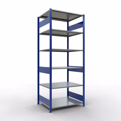 Scaffale base, scaffale, sistema a innesto MULTIplus150, 2500 x 1000 x 800 mm (AxLxP), 6 ripiani, barre longitudinali, RAL 5010 blu genziana/zincato di Schulte Lagertechnik della categoria Sistemi a innesto