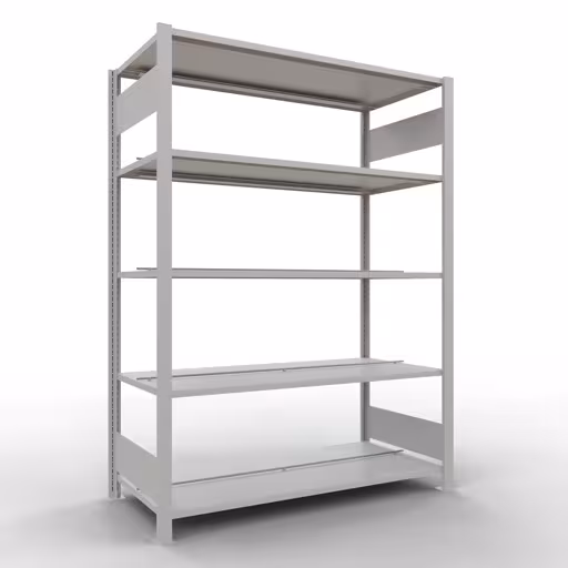 Étagère de base, étagère de bureau, système enfichable MULTIplus150, 1800 x 1300 x 600 mm (HxLxP), 5 tablettes, barres de longueur, avec butée centrale, gris clair, système enfichable, réf. 36038