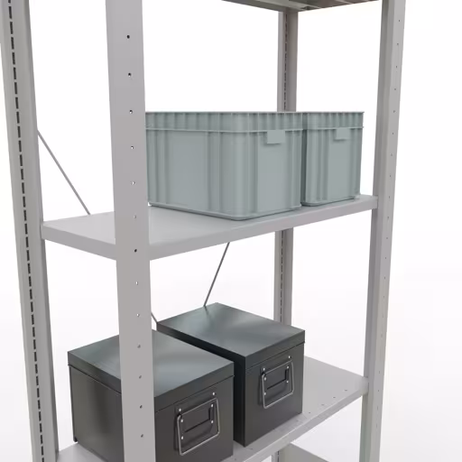 Grundregal, Fachbodenregal Stecksystem MULTIplus150, 2000 x 750 x 300 mm (HxBxT), 5 Fachböden, Kreuzstrebe, RAL 7035 lichtgrau aus der Kategorie Grundregal mit der GTIN 4004514205377 Grundregal, Fachbodenregal Stecksystem MULTIplus150, 2000 x 750 x 300 mm (HxBxT), 5 Fachböden, Kreuzstrebe, RAL 7035 lichtgrau von der Marke Schulte Lagertechnik aus der Produktreihe Stecksystem