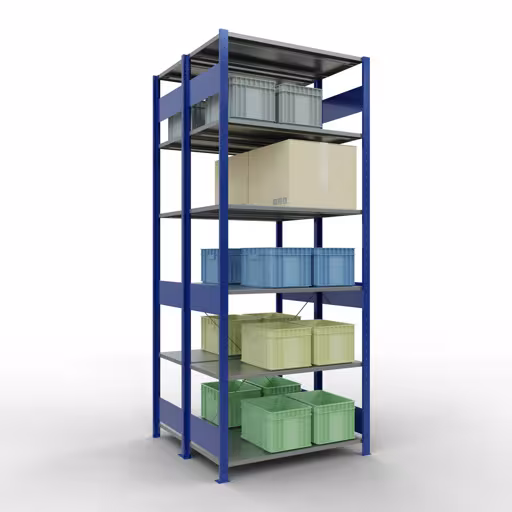 Étagère de base, étagère double, système d'étagères MULTIplus150, 2500 x 1000 x (2x500) mm (HxLxP), 2x6 étagères, traverse, RAL 5010 bleu gentiane de la catégorie étagères doubles avec le GTIN 4004514293794 Étagère de base, étagère double, système d'étagères MULTIplus150, 2500 x 1000 x (2x500) mm, 2x6 étagères, RAL 5010 bleu gentiane de la marque Schulte Lagertechnik de la gamme d'étagères