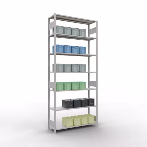 Représentation supplémentaire de l'article étagère de base, étagère à étagères, système enfichable MULTIplus150, 3000 x 1300 x 400 mm, 7 étagères, gris clair RAL 7035 à partir de l'étagère de base