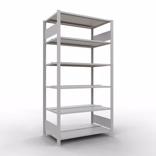 Scaffale base, scaffale per ufficio, sistema a innesto MULTIplus150, 2000 x 1000 x 600 mm (AxLxP), 6 ripiani, barre longitudinali, con fermo centrale, grigio chiaro di Schulte Lagertechnik Scaffale Basic, scaffale per ufficio, sistema a innesto MULTIplus150, 2000 x 1000 x 600 mm (AxLxP), 6 ripiani, barre longitudinali, con fermo centrale, grigio chiaro, sistema a innesto, articolo n. 36043