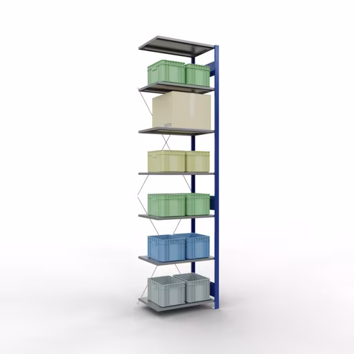 Scaffali aggiuntivi, scaffali, sistema a innesto MULTIplus150, 3000 x 750 x 500 mm (AxLxP), 7 ripiani, traversa, RAL 5010 blu genziana/zincato/zincato con GTIN 4004514280770 Scaffali aggiuntivi, scaffali, sistema a innesto MULTIplus150, 3000 x 750 x 500 mm (AxLxP), 7 ripiani, traversa, RAL 5010 blu genziana/zincato/zincato di Schulte Lagertechnik con l'articolo n. 12757-75-B