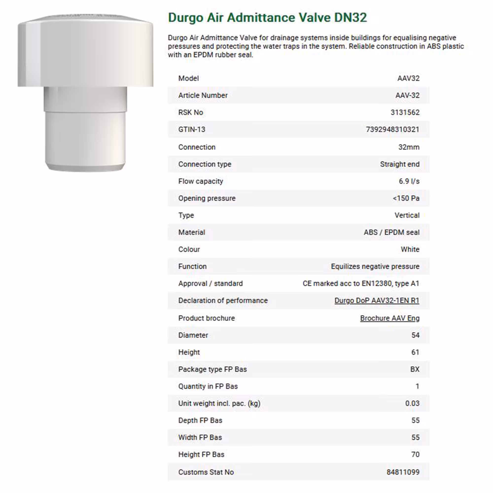 Aeratore Durgo con versione con collegamento a spina dimensioni: DN32 con GTIN 7392948310321 Valvola di ventilazione DN 32 attacco HT di Durgo con articolo n. 7000032