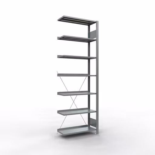 Scaffale sopraelevato, scaffale per ufficio, sistema a incastro MULTIplus85, 2300 x 750 x 300 mm (AxLxP), 7 ripiani, traversa, zincato, con barra di arresto della marca Schulte Lagertechnik dal programma scaffali per ufficio