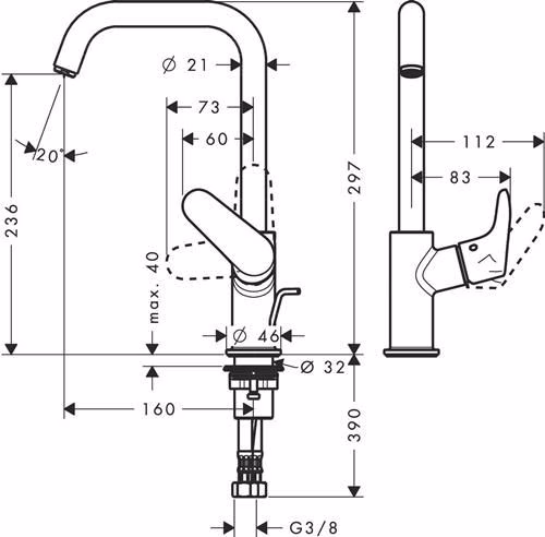 Technische Zeichnung 4023872 Hansgrohe Mitigeur monocommandé pour lavabo FOCUS 240 avec vidage à tirette 1 1/4 pouce chromé