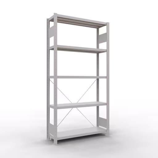Scaffale base, scaffale, sistema a innesto MULTIplus250, 2000 x 1000 x 300 mm (AxLxP), 5 ripiani, traversa, RAL 7035 grigio chiaro della marca Schulte Lagertechnik della gamma sistemi a innesto