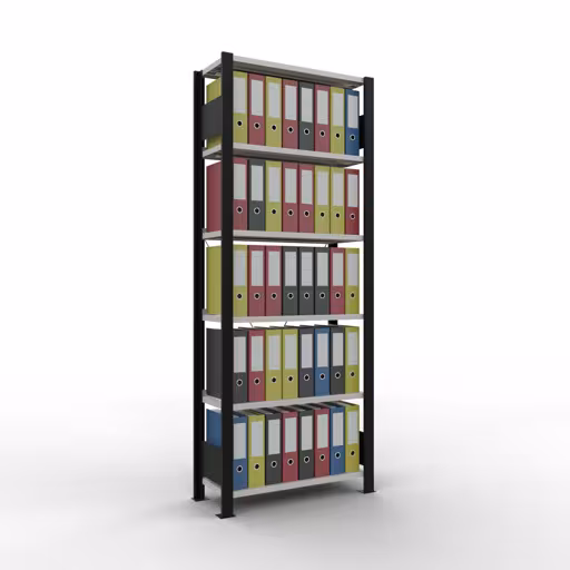 Figure n° 12 de l'article étagère de base, étagère de bureau, système enfichable MULTIplus85, 2000 x 750 x 300 mm, 6 étagères, avec bande d'arrêt, noir/gris clair du groupe de produits étagères de bureau de la marque Schulte Lagertechnik