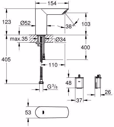 Technische Zeichnung 4060332 Lavabo GROHE IR electronics Bau Cosmopolitan E 36452 senza miscelatore 6 volt cromo