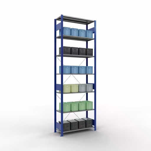 Immagine del prodotto n. 13 dell'articolo scaffale base, scaffale, sistema a innesto MULTIplus85, 3000 x 1000 x 400 mm (AxLxP), 7 ripiani, traversa, RAL 5010 blu genziana Figura n. 13 dell'articolo scaffale base, scaffale, sistema a innesto MULTIplus85, 3000 x 1000 x 400 mm (AxLxP), 7 ripiani, traversa, RAL 5010 blu genziana del gruppo di prodotti sistema a innesto della marca Schulte Lagertechnik