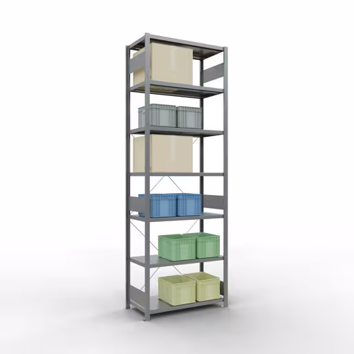 Scaffale base, scaffale, sistema a innesto MULTIplus250, 3000 x 1000 x 500 mm (AxLxP), 7 ripiani, traversa, zincato con articolo n. 12952 Scaffale base, scaffale, sistema a innesto MULTIplus250, 3000 x 1000 x 500 mm (AxLxP), 7 ripiani, traversa, zincato di Schulte Lagertechnik della categoria Sistema a innesto