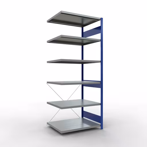 Une autre vue de l'article Rayonnage rapporté, étagère, système enfichable MULTIplus250, 2500 x 1000 x 800 mm, 6 étagères, traverse, RAL 5010 bleu gentiane/galvanisé de la catégorie système enfichable