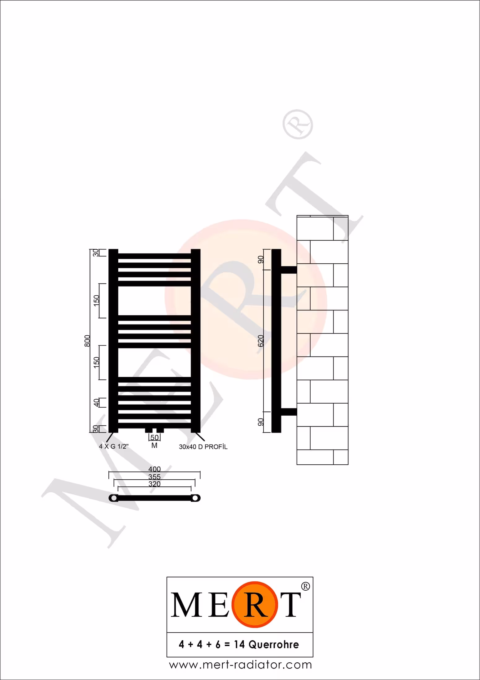 MERT Badheizkörper weiß gerade, 400*800 mm, Mittelanschluss von der Marke MERT aus der Kategorie Heizkörper