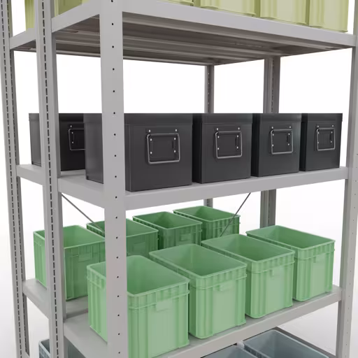 Représentation supplémentaire de l'article étagère de base, étagère double, étagère système enfichable MULTIplus250, 2000 x 1000 x (2x400) mm, 2x5 étagères, traverse, RAL 7035 gris clair Image supplémentaire de l'article Étagère de base, étagère double, système d'étagères enfichable MULTIplus250, 2000 x 1000 x (2x400) mm, 2x5 étagères, RAL 7035 gris clair à partir d'étagères doubles