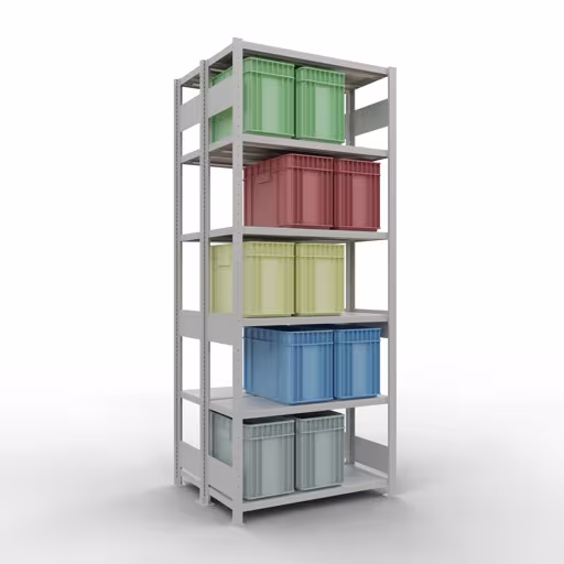 Image du produit n° 12 de l'article étagère de base, étagère double, système enfichable MULTIplus250, 2500 x 1000 x (2x400) mm, 2x6 étagères, RAL 7035 gris clair de la gamme d'étagères pour étagères de la marque Schulte Lagertechnik