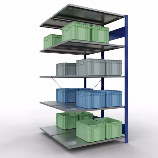Immagine del prodotto n. 6 dell'articolo scaffale aggiuntivo, scaffale doppio, sistema di scaffali MULTIplus150, 2000 x 1000 x (2x600) mm (AxLxP), 2x5 ripiani, traversa, RAL 5010 blu genziana dalla gamma di scaffali della marca Schulte Lagertechnik