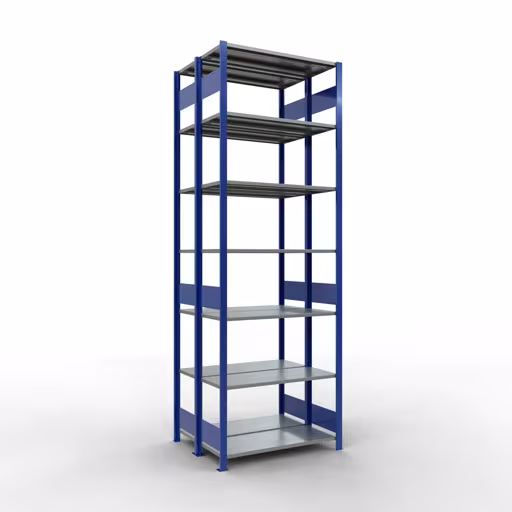 Étagère de base, étagère double, système d'étagères MULTIplus150, 3000 x 1000 x (2x400) mm (HxLxP), 2x7 étagères, barres de longueur, RAL 5010 bleu gentiane, étagères doubles, réf. 33142-B