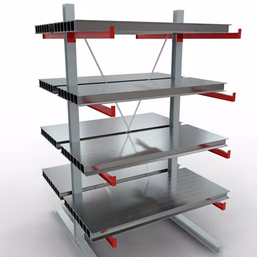 K 6000 Komplettregal, doppelseitig, 3000 x 1500 x 2x 1000 mm, RAL 7001 / RAL 3000, 5 Lagerebenen aus der Kategorie K6000 für schwere Güter mit der GTIN 4058255011254 K 6000 Komplettregal, doppelseitig, 3000 x 1500 x 2x 1000 mm, RAL 7001 / RAL 3000, 5 Lagerebenen von der Marke Schulte Lagertechnik aus der Produktreihe Kragarmregale