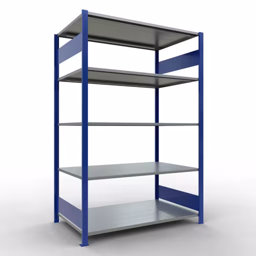 Ripiano base, ripiano, sistema a innesto MULTIplus150, 2000 x 1300 x 800 mm (AxLxP), 5 ripiani, barra longitudinale, RAL 5010 blu genziana/zincato, ripiano base, articolo n. 12780-130-LR-B