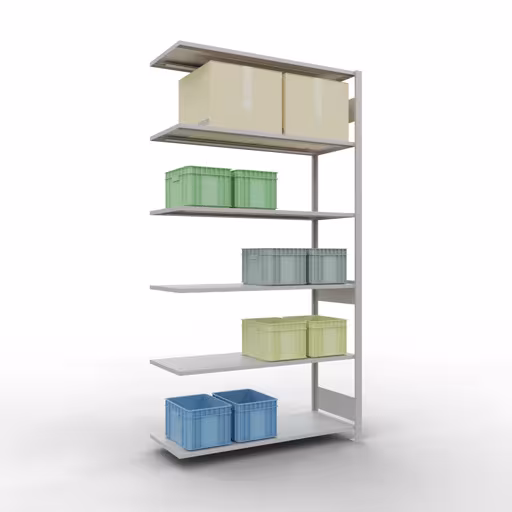 Un'altra vista dell'articolo Scaffali aggiuntivi, scaffale a scaffali, sistema a innesto MULTIplus150, 2500 x 1300 x 500 mm (AxLxP), 6 ripiani, barre longitudinali, RAL 7035 grigio chiaro dalla categoria scaffali aggiuntivi