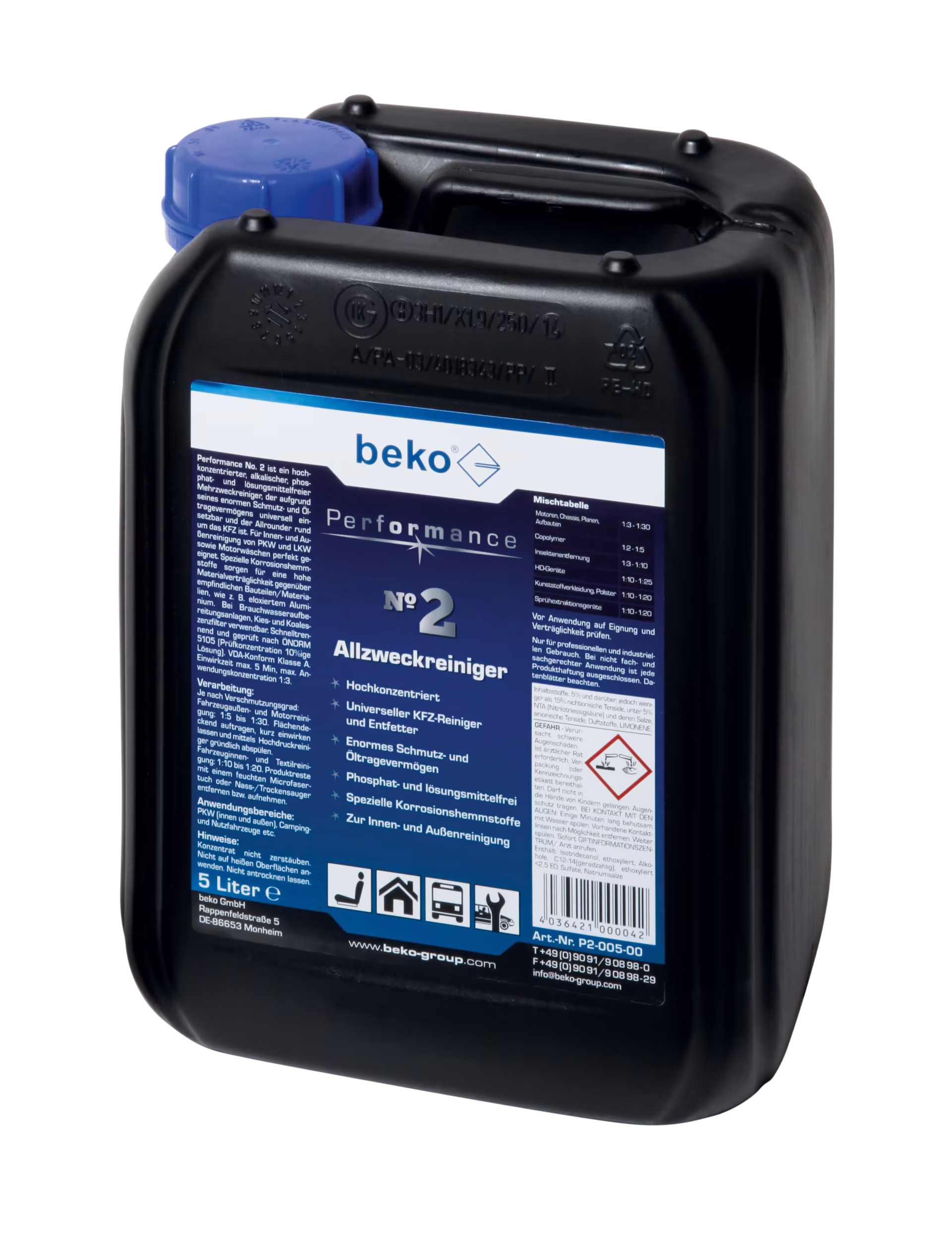 Numéro de performance. 2 bidons de nettoyant tout usage de 5 litres de Beko Numéro de performance. 2 bidons de nettoyant tout usage de 5 l de la catégorie des produits d'entretien automobile avec le réf. P2-005-00