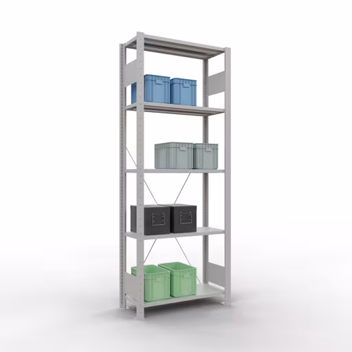 Grundregal, Fachbodenregal Stecksystem MULTIplus150, 2000 x 750 x 300 mm (HxBxT), 5 Fachböden, Kreuzstrebe, RAL 7035 lichtgrau mit der Artikelnr. 32630-75 Grundregal, Fachbodenregal Stecksystem MULTIplus150, 2000 x 750 x 300 mm (HxBxT), 5 Fachböden, Kreuzstrebe, RAL 7035 lichtgrau von Schulte Lagertechnik aus der Kategorie Stecksystem