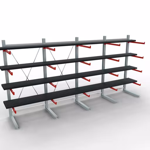 K 6000 Komplettregal, einseitig, 3000 x 6000 x 1000 mm, RAL 7001 / RAL 3000, 5 Lagerebenen aus der Kategorie K6000 für schwere Güter mit der GTIN 4058255011193 K 6000 Komplettregal, einseitig, 3000 x 6000 x 1000 mm, RAL 7001 / RAL 3000, 5 Lagerebenen von der Marke Schulte Lagertechnik aus der Produktreihe Kragarmregale