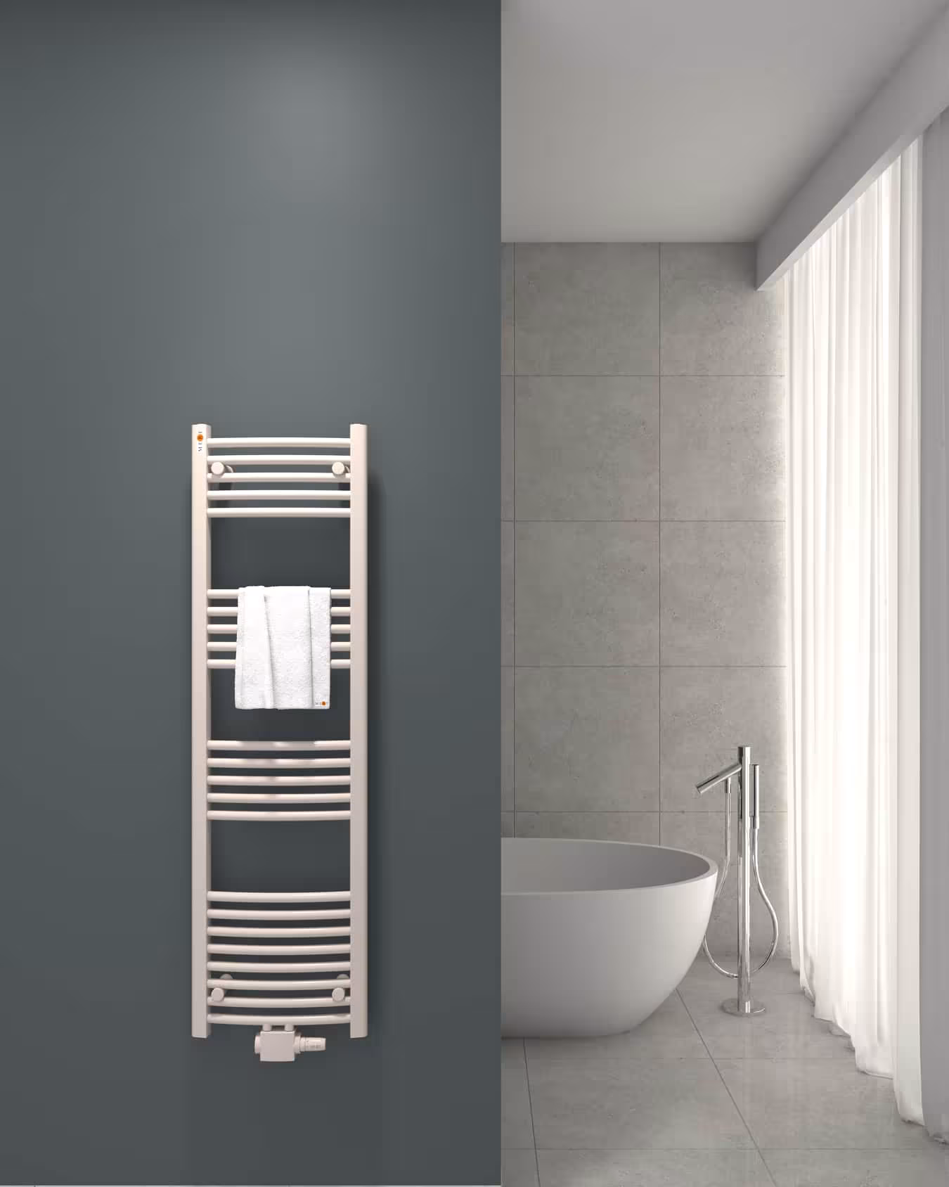 Radiatore da bagno MERT curvo bianco, attacco centrale, radiatore da bagno, articolo n. 2-40x140-M