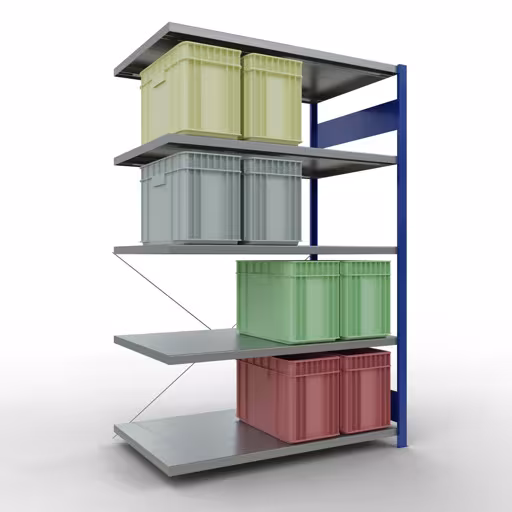 Image du produit n° 14 de l'article Rayonnage complémentaire, rayonnage à étagères, système enfichable MULTIplus250, 2000 x 1300 x 800 mm, 5 étagères, traverse, RAL 5010 bleu gentiane/galvanisé Figure n° 14 de l'article étagère complémentaire, étagère à étagères, système enfichable MULTIplus250, 2000 x 1300 x 800 mm, 5 étagères, RAL 5010 bleu gentiane/galvanisé du groupe de produits système enfichable de la marque Schulte Lagertechnik