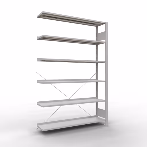 Scaffale aggiuntivo, scaffale per ufficio, sistema a innesto MULTIplus85, 2000 x 1300 x 300 mm (AxLxP), 6 ripiani, traversa, con barra di arresto, grigio chiaro di Schulte Lagertechnik Scaffale sovrapponibile, scaffale per ufficio, sistema a innesto MULTIplus85, 2000 x 1300 x 300 mm (AxLxP), 6 ripiani, traversa, con listello di arresto, grigio chiaro, sistema a innesto, articolo n. 36011