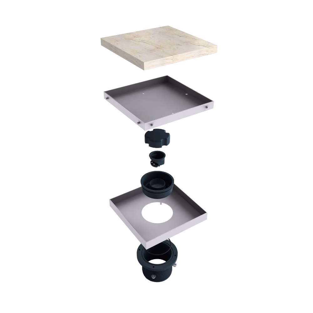 Scarico a pavimento MERT modello "TILES" 300x300 mm, realizzato in acciaio inox di alta qualità, appartenente alla categoria degli scarichi a pavimento con codice articolo DU-20-TILES100