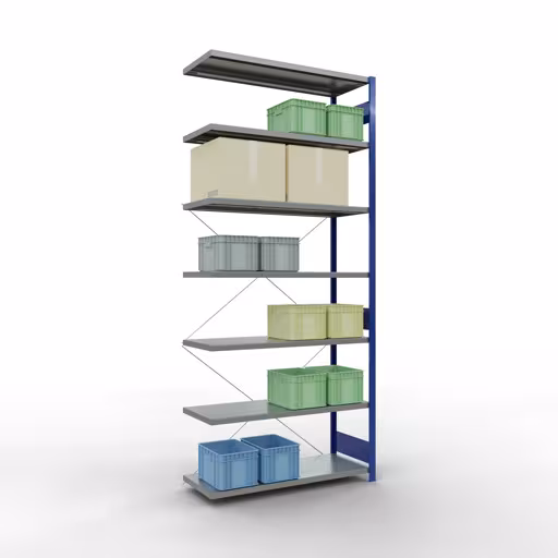 Rayonnage supplémentaire, rayonnage à étagères, système enfichable MULTIplus250, 3000 x 1300 x 500 mm, 7 étagères, traverse, RAL 5010 bleu gentiane/galvanisé de Schulte Lagertechnik avec le numéro d'article. 12957-130-B