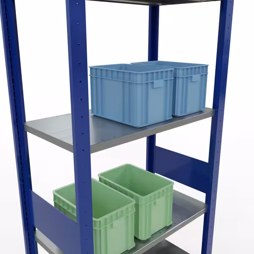 Scaffale base, scaffale, sistema a innesto MULTIplus150, 3000 x 750 x 400 mm (AxLxP), 7 ripiani, barre longitudinali, RAL 5010 blu genziana/zincato/zincato di Schulte Lagertechnik della categoria Sistema a innesto