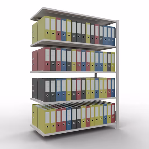Scaffale sopraelevato, scaffale per ufficio, sistema a innesto MULTIplus150, 1800 x 1300 x 600 mm (AxLxP), 5 ripiani, barre longitudinali, senza fermo centrale, grigio chiaro della marca Schulte Lagertechnik dal programma scaffali per ufficio