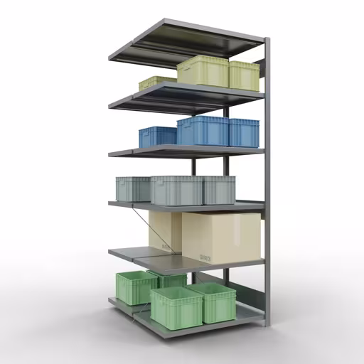 Une autre vue de l'article Tablette supplémentaire, tablette double, système d'étagères enfichables MULTIplus250, 2500 x 1000 x (2x600) mm, 2x6 tablettes, traverse, galvanisé Une autre vue de l'article Étagère supplémentaire, étagère double, système d'étagères MULTIplus250, 2500 x 1000 x (2x600) mm, 2x6 étagères, traverse, galvanisée de la catégorie étagère