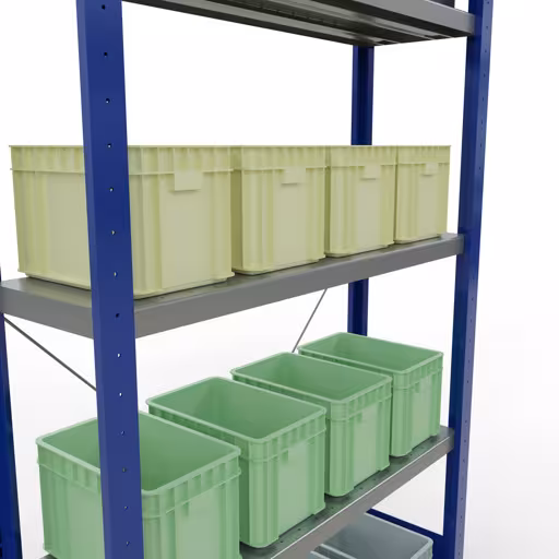Figura n. 15 dell'articolo scaffale base, scaffale, sistema a innesto MULTIplus330, 2000 x 1000 x 300 mm (AxLxP), 5 ripiani, traversa, RAL 5010 blu genziana/zincato del gruppo di prodotti sistema a innesto della marca Schulte Lagertechnik