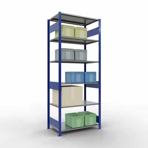 Scaffale base, scaffale, sistema a innesto MULTIplus150, 2500 x 1000 x 600 mm (AxLxP), 6 ripiani, barre longitudinali, RAL 5010 blu genziana/zincato di Schulte Lagertechnik con l'articolo n. 12761-LR-B