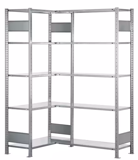 Ripiano angolare (campi A + B) 2000 x 1000 x 500, 2x5 ripiani, barre longitudinali, zincato, ripiani angolari, articolo n. 12750-ECK