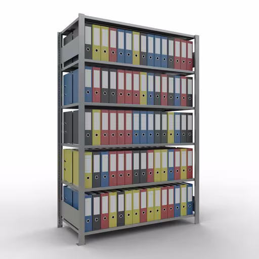 Scaffale base, scaffale per ufficio, sistema a innesto MULTIplus150, 2000 x 1300 x 600 mm (AxLxP), 6 ripiani, barre longitudinali, zincato, con fermo centrale di Schulte Lagertechnik con l'articolo n. 17744