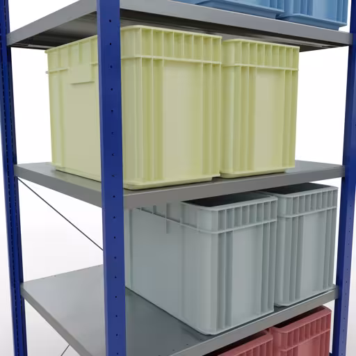 Étagère de base, étagère, système enfichable MULTIplus250, 2000 x 1000 x 800 mm, 5 étagères, traverse, RAL 5010 bleu gentiane/galvanisé de Schulte Lagertechnik avec le numéro d'article. 12980-B