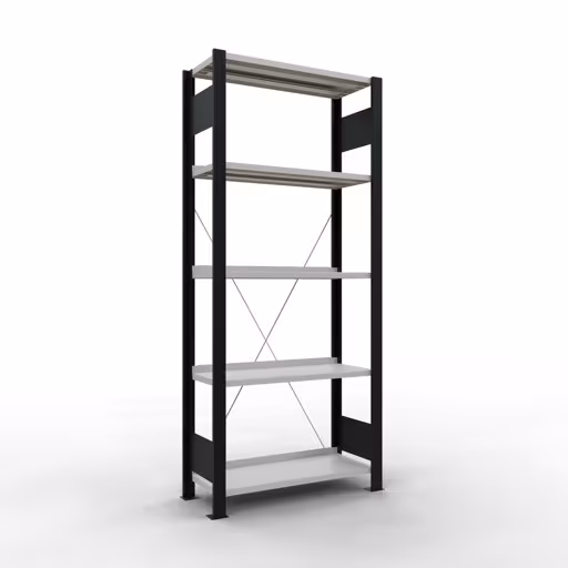 Scaffale Basic, scaffale per ufficio, sistema a innesto MULTIplus85, 1800 x 750 x 300 mm (AxLxP), 5 ripiani, traversa, con listello di arresto, nero/grigio chiaro, sistema a innesto, articolo n. 36000-S
