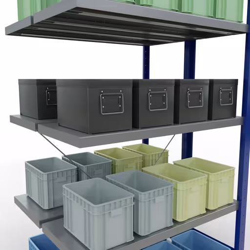 Immagine del prodotto n. 16 dell'articolo Ripiano aggiuntivo, ripiano doppio, sistema di scaffali MULTIplus250, 2000 x 1000 x (2x400) mm (AxLxP), 2x5 ripiani, traversa, RAL 5010 blu genziana Figura n. 16 dell'articolo scaffale aggiuntivo, scaffale doppio, sistema di scaffali MULTIplus250, 2000 x 1000 x (2x400) mm (AxLxP), 2x5 ripiani, traversa, RAL 5010 blu genziana dal gruppo di prodotti scaffali della marca Schulte Lagertechnik