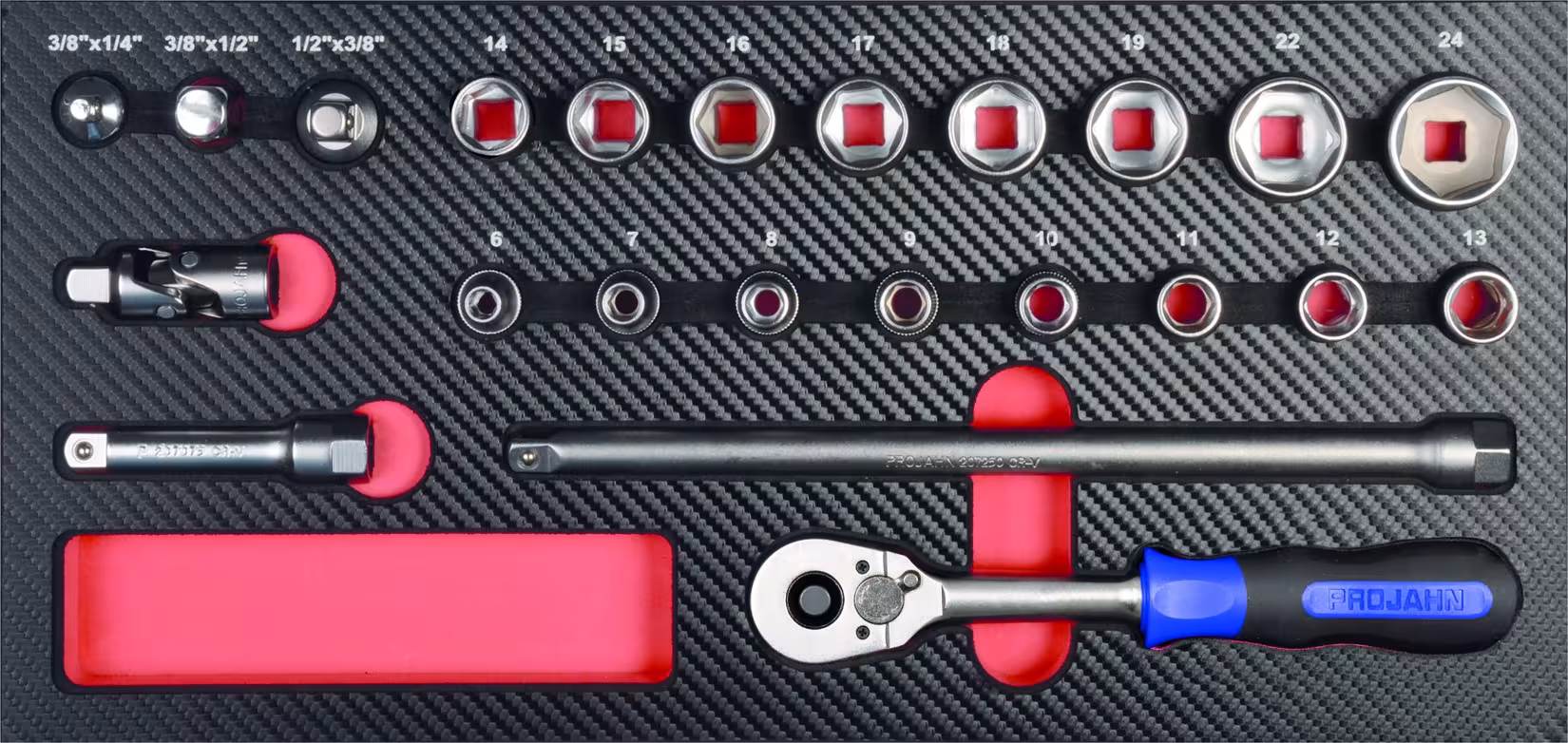3/8" Werkzeug-Satz Einlage 23tlg aus der Kategorie Steckschlüssel Sätze & Einzelteile mit der GTIN 4000146591215 Einlage Steckschlüssel-Einsätze metrisch 10 von der Marke PROJAHN aus der Kategorie Steckschlüssel Sätze & Einzelteile