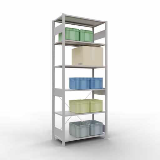 Étagère de base, étagère à étagères, système enfichable MULTIplus85, 2500 x 1000 x 500 mm, 6 étagères, traverse, gris clair RAL 7035 de Schulte Lagertechnik avec le numéro d'article. 33051